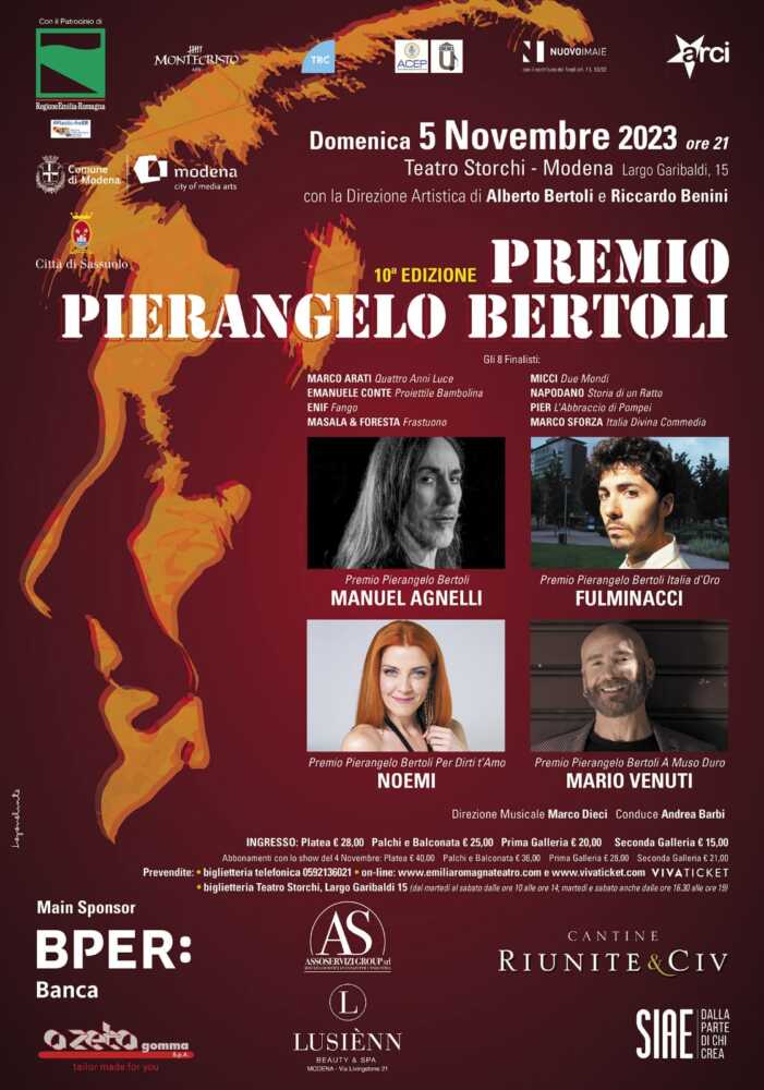 Al TEATRO STORCHI di MODENA si terrà da domani la decima edizione del PREMIO PIERANGELO BERTOLI, sul palco Manuel Agnelli e tanti altri personaggi.