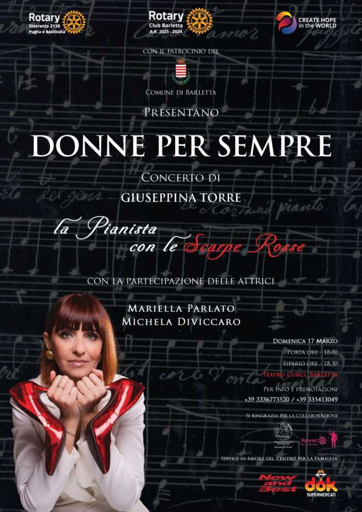 La pianista e compositrice GIUSEPPINA TORRE sarà in concerto il 16 marzo a MINERVINO MURGE (BT) per un evento contro la violenza sulle donne e il 17 marzo a BARLETTA per un evento benefico.