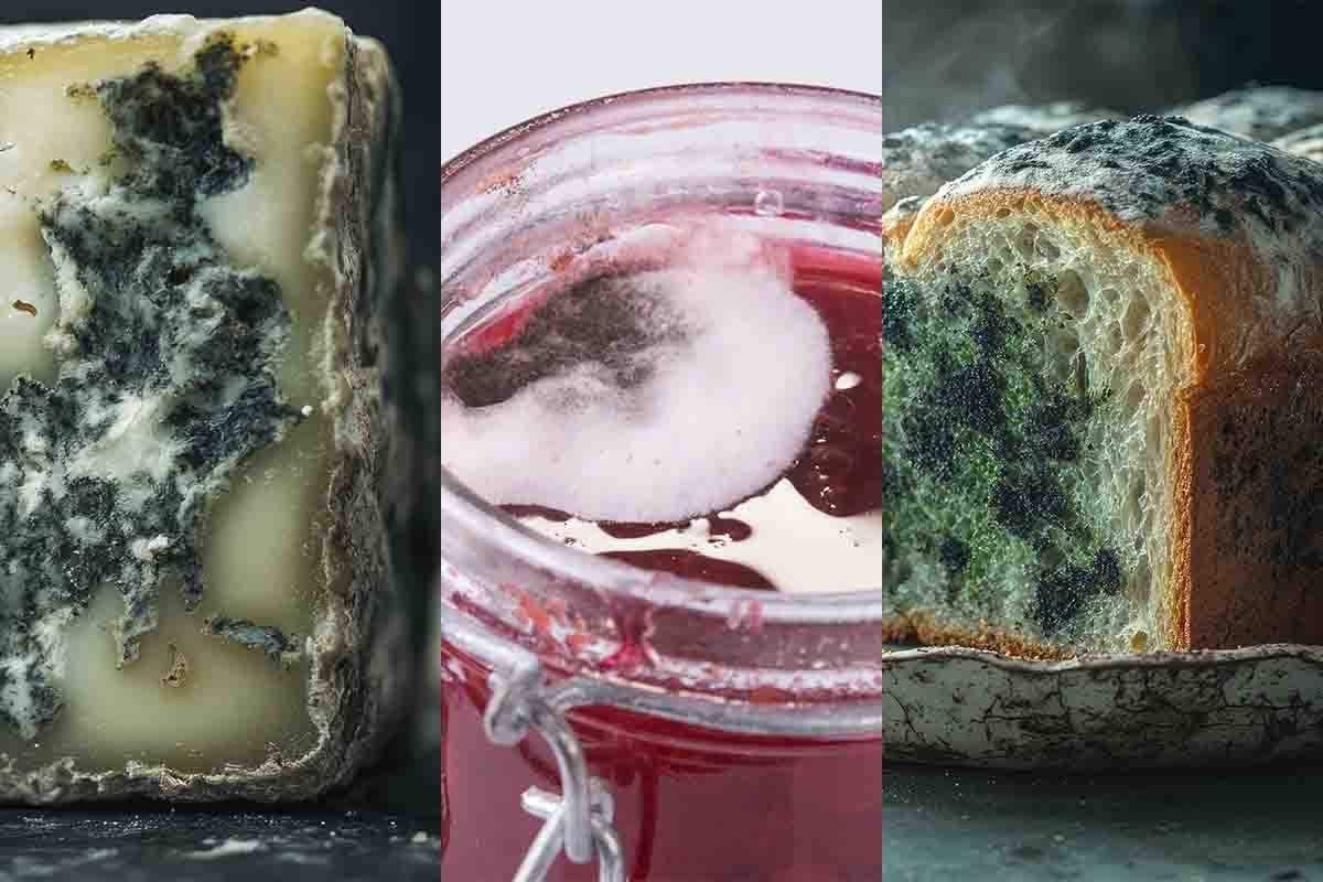 Formaggio, marmellata e pane ammuffiti