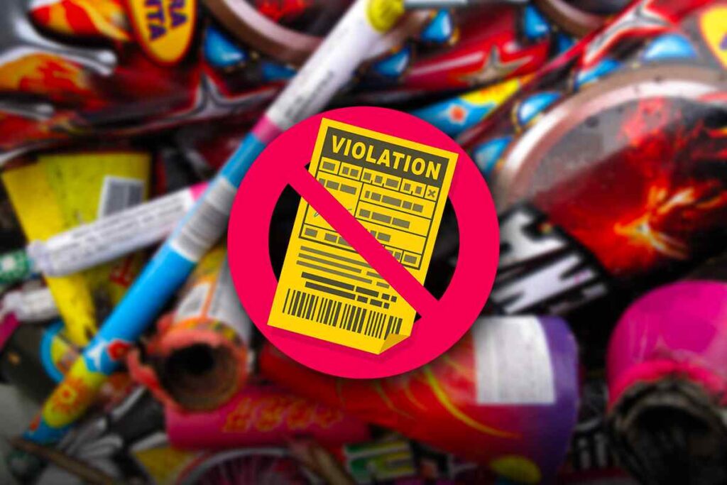 segnale di divieto con dietro i botti di capodanno